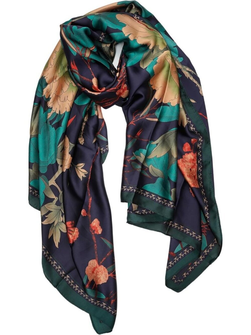 Women's Navy Green/Flower Long Skinny Silky Lightweight Sunscreen Shawls Wraps